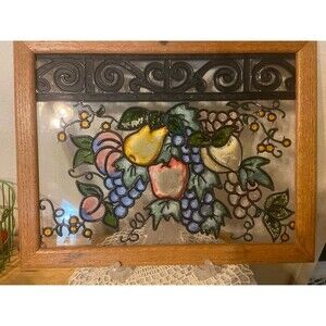 Vintage Faux Stained Glass Fruit Panel Art in Oak Frame